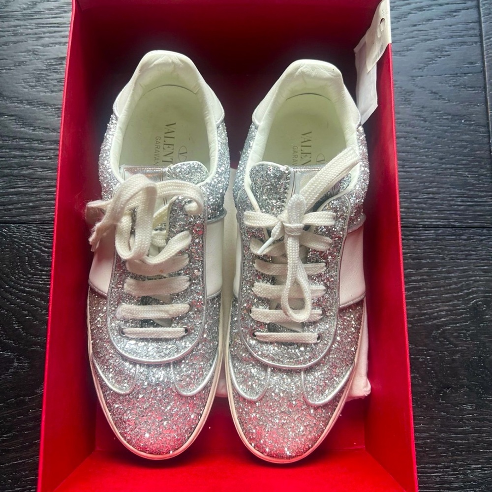 Valentino Garavani silver and white glitter sneakers